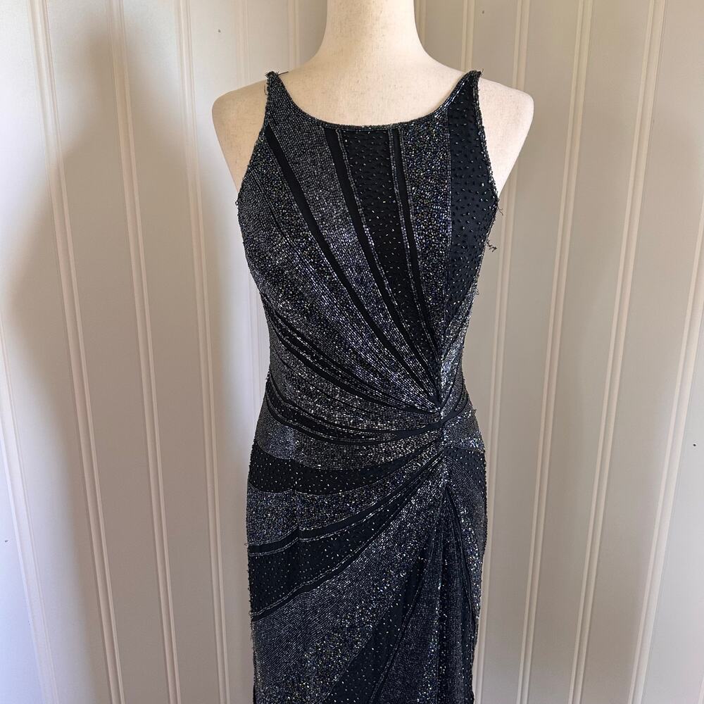 Vintage 90s/Y2K Black Silk Beaded Midi Dress M - Picture 2 of 9